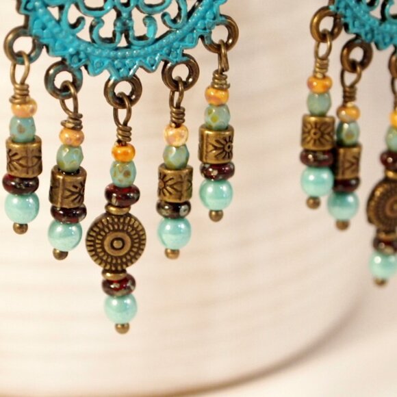 Handmade Southwestern Turquoise Chandelier Earrings Pierced or Clip-on earrings - Picture 4 of 7